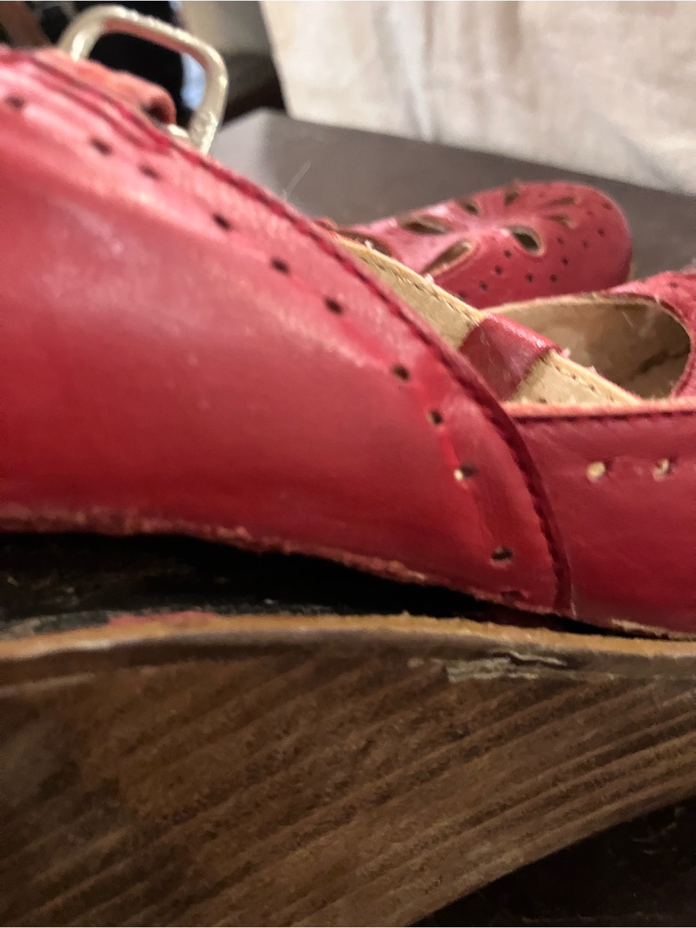 Vintage Red T-Strap Cutout Leather Pumps - Picture 8 of 9